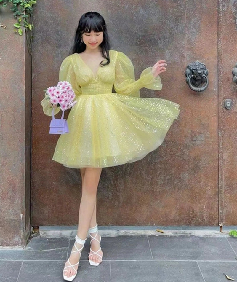 Yellow Glitter Tulle V-neck Homecoming Dresses Puff Sleeves Above Knee Cocktail Dresses Vestidos De Novia Party Dress