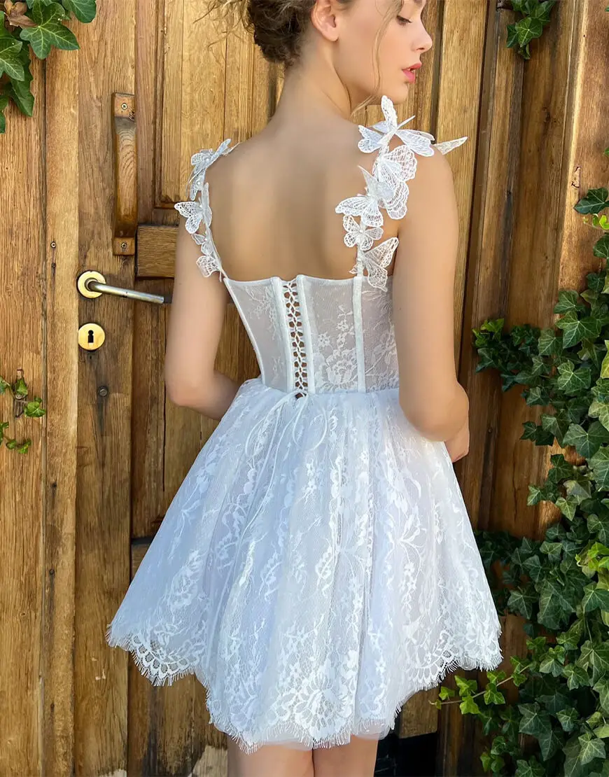 Elegant A-line Butterfly Straps Sweetheart Homecoming Dress Illusion Corset Bodice Cocktail Dresses Short Length Wedding Dresses