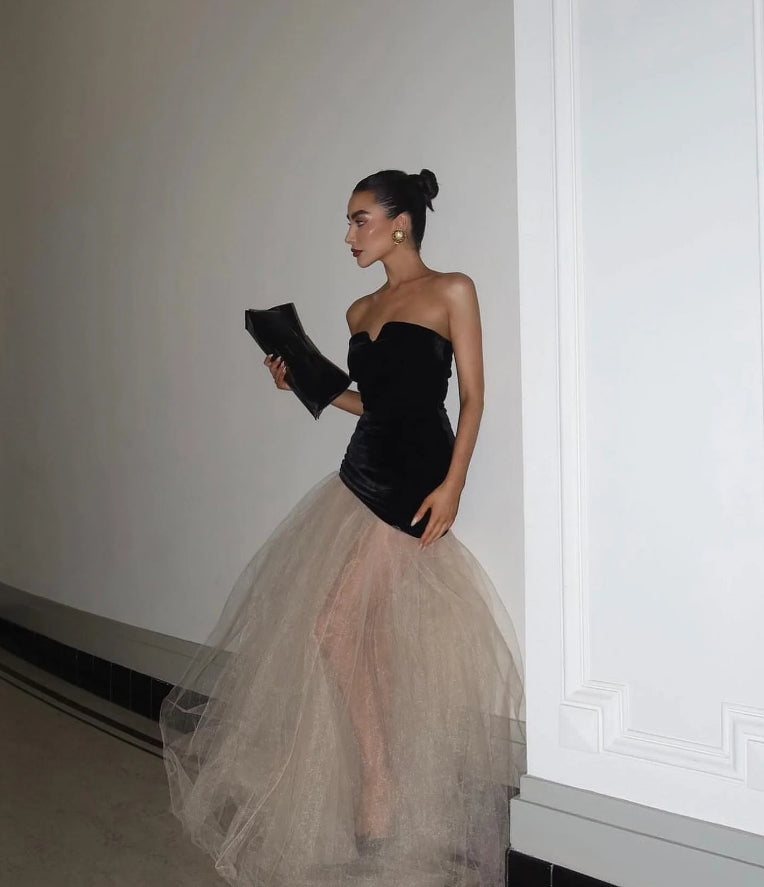 Elegant Evening Dress Strapless Black Velvet Prom Dress Tulle Wedding Evening patrty Dress Floor Length 2024