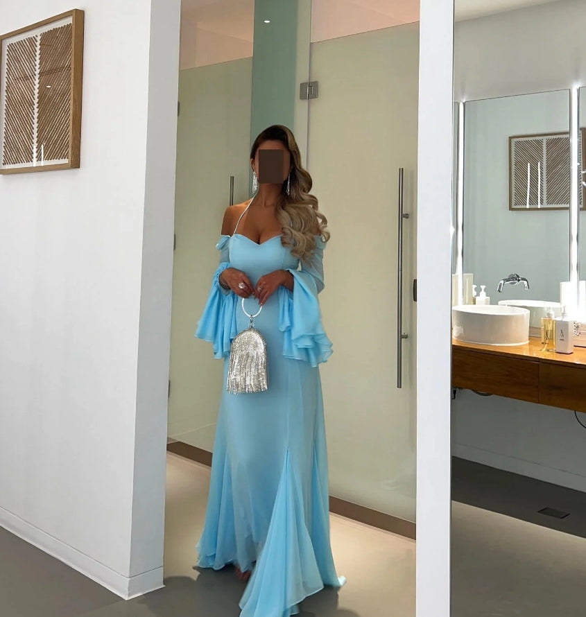 Blue Chiffon Mermaid Evening Dresses Off Shoulder Formal Occasion Gown Halter Prom Dress Evening Gowns 2024 Floor Length