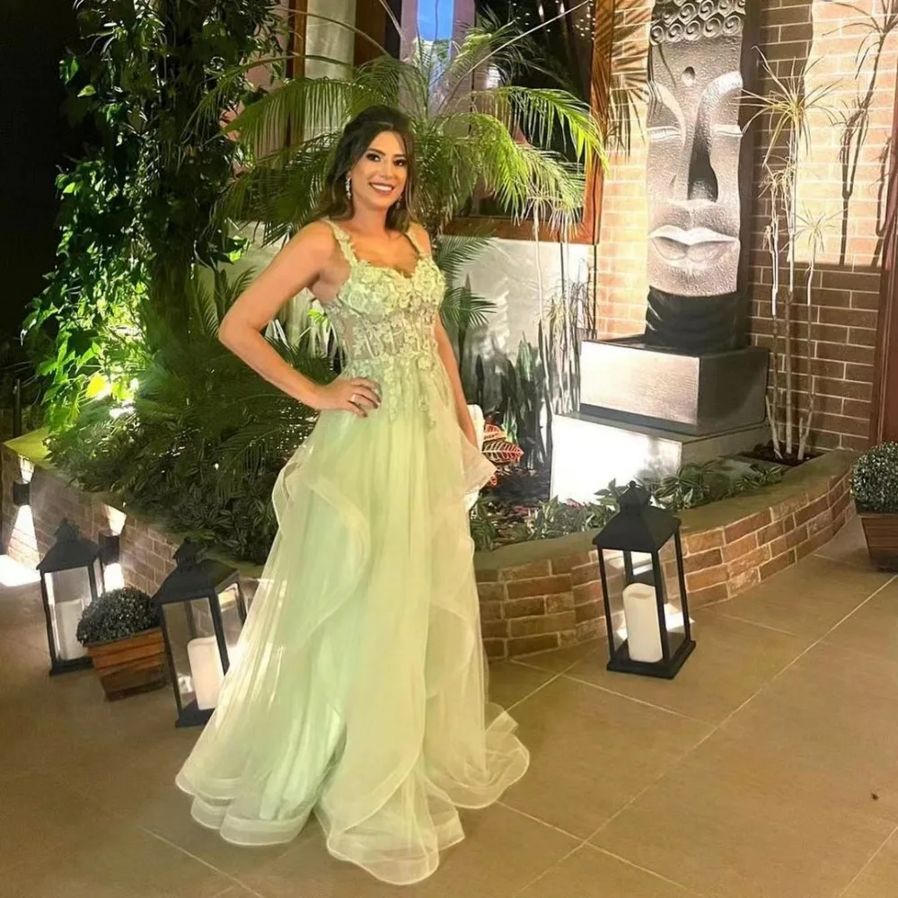 Wedding Party Dress Applique Tulle Prom Dresses Green Sleeveless A-Line Floor-Length Elegant Party Dresses For Women