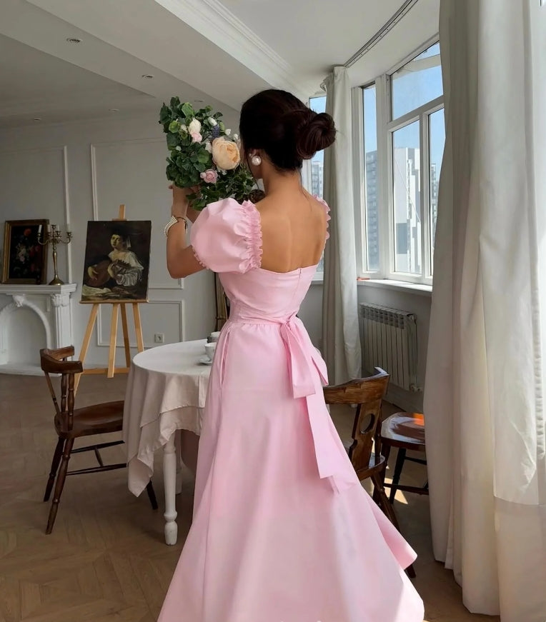 Pink Prom Dresses Princeces French Square Collar Homecoming Party Dress A Line Satin Evening Bride Vestidos De Gala