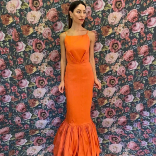 Orange Backless Mermaid Prom Dresses Button Ruffle Floor-Length Sleeveless Elegant Party Dresses For Women Cocktail