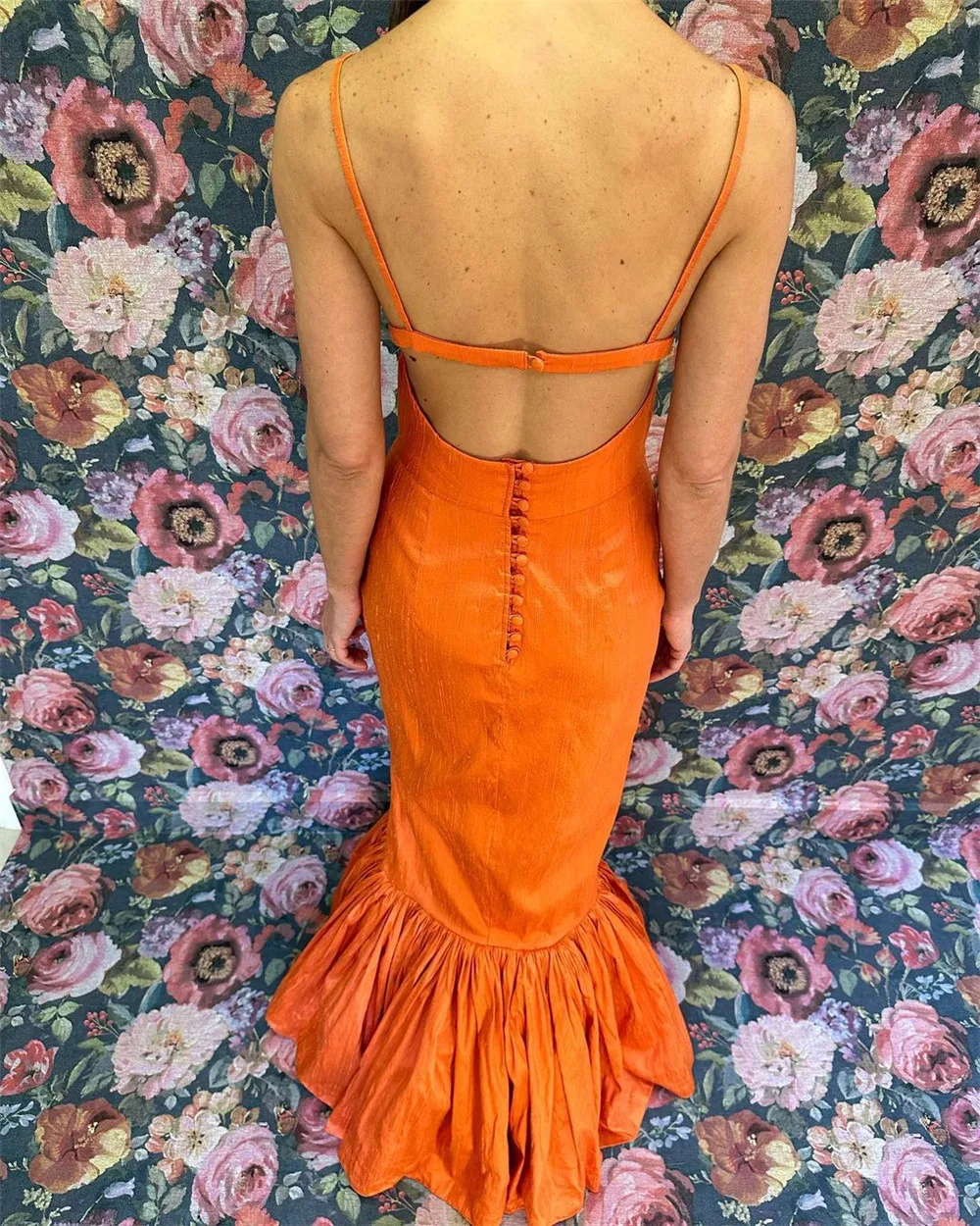 Orange Backless Mermaid Prom Dresses Button Ruffle Floor-Length Sleeveless Elegant Party Dresses For Women Cocktail