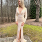 Sparkly Champagne V-Neck Long Sleeve Sequin High Slit Evening Dress Wedding Party Dating Dancing Backless Mermaid Prom Gowns