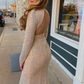 Sparkly Champagne V-Neck Long Sleeve Sequin High Slit Evening Dress Wedding Party Dating Dancing Backless Mermaid Prom Gowns