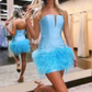 Satin Strapless Mini Homecoming Dresses With Feathers & Sequins Backless Bodycon Tiered Night Party Gowns Elegant Cocktail Dress