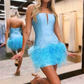 Satin Strapless Mini Homecoming Dresses With Feathers & Sequins Backless Bodycon Tiered Night Party Gowns Elegant Cocktail Dress