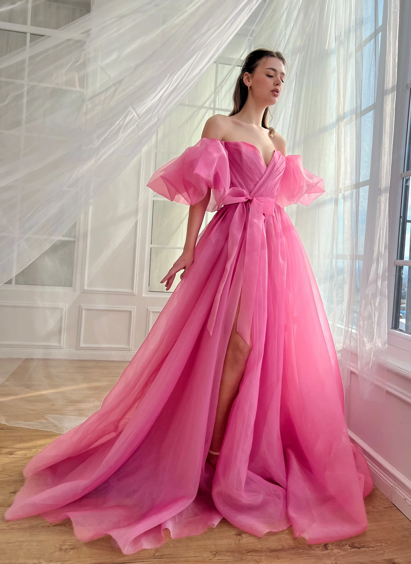 Organza Off the Shoulder Evening Dresses With Belt Sweetheart Pleated High Split Party Gowns Elegant Backless Lace Up Prom Dress