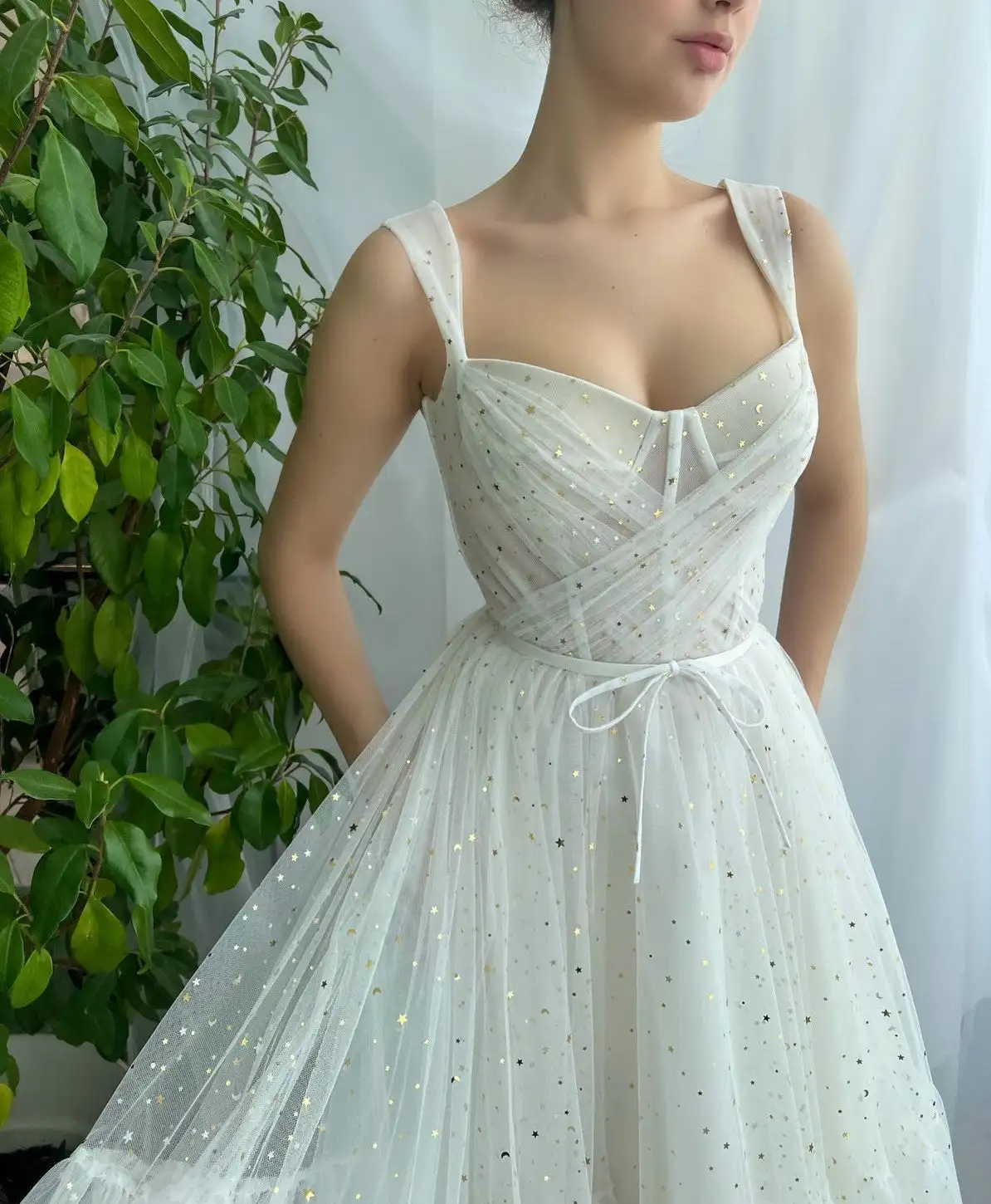 Tulle Spaghetti Straps A-line Homecoming Dresses Sweetheart Backless Pleated Girl's Tea-length Prom Gowns With Little Stars