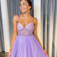 Dot Tulle A-Line Spaghetti Straps Prom Dresses with Bow Tie Lilac Sweetheart Lace Up Evening Gowns Valentine's Day Dating Dress