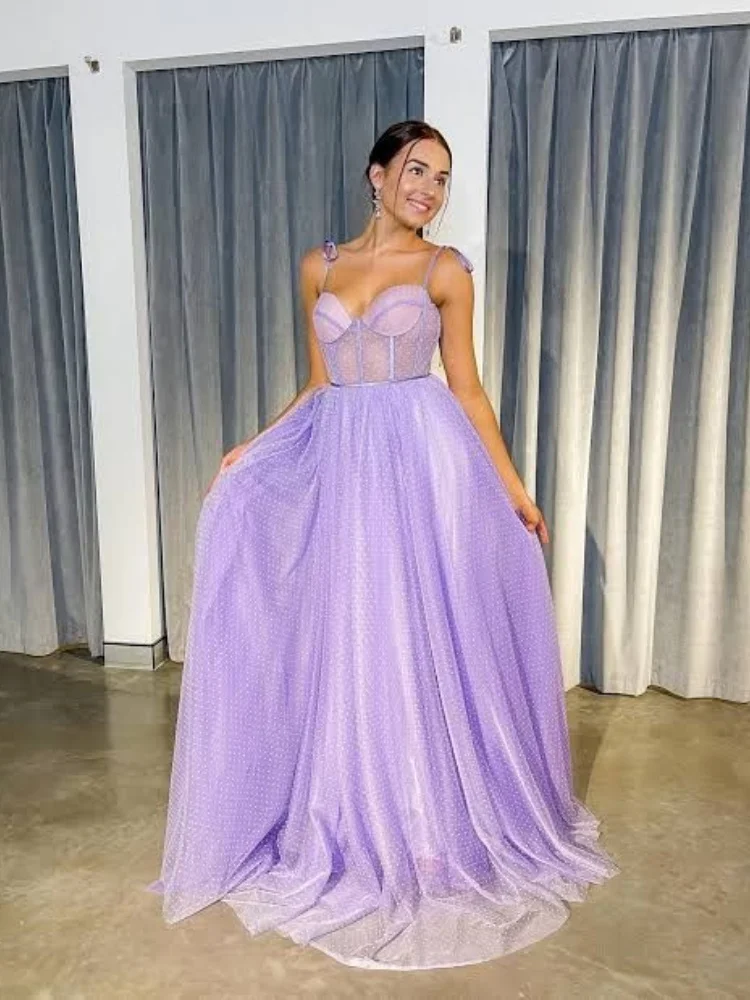 Dot Tulle A-Line Spaghetti Straps Prom Dresses with Bow Tie Lilac Sweetheart Lace Up Evening Gowns Valentine's Day Dating Dress