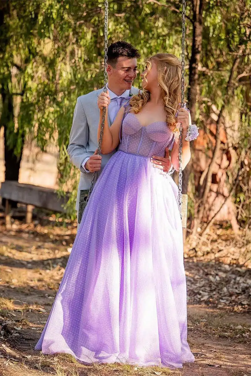 Dot Tulle A-Line Spaghetti Straps Prom Dresses with Bow Tie Lilac Sweetheart Lace Up Evening Gowns Valentine's Day Dating Dress