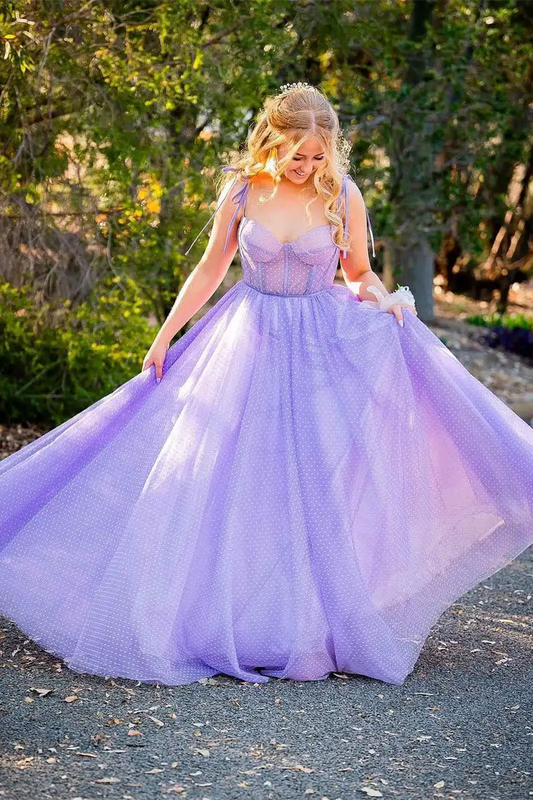 Dot Tulle A-Line Spaghetti Straps Prom Dresses with Bow Tie Lilac Sweetheart Lace Up Evening Gowns Valentine's Day Dating Dress