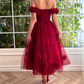 Fancy A-Line Cocktail Dresses for Women Floral Appliques Homecoming Dresses Elegant Off Shoulder Tea Length Tulle with Slit 2024