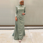 Sage Muslim Mermaid Evening Dresses for Women High Collar Long Sleeve Overskirt Appliques Beading Hijabi Formal Occasion Dress