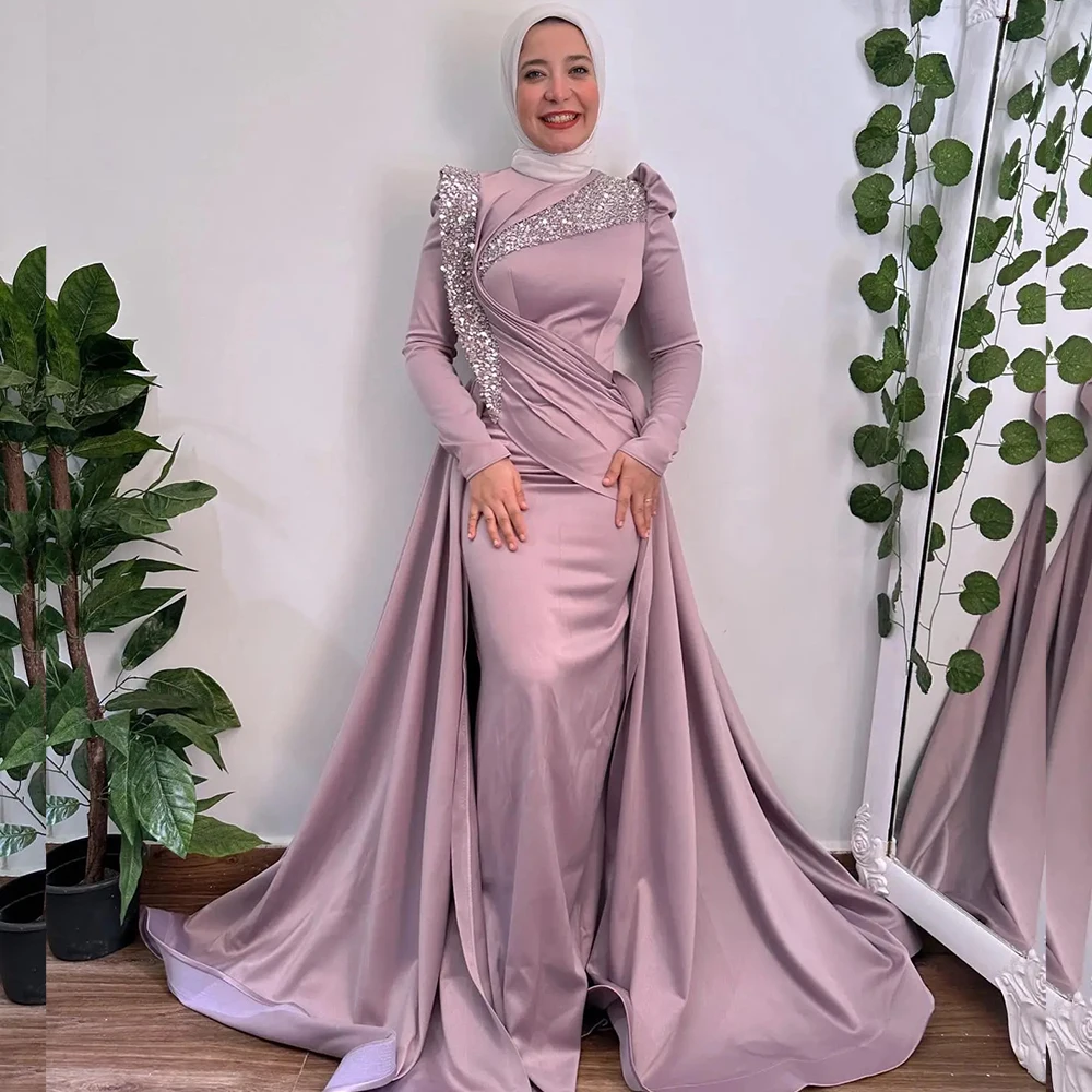 Dusty Pink Mermaid Evening Dresses with Overskirt Long Sleeves Sweep Train Pleats Sequined Beading Hijab Women robe de soirée