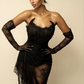 Eye Catching See Thru Black Lace Asymmetrical Long Maxi Gowns Strapless Corset Sexy Evening Dresses With Train No Gloves