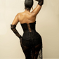 Eye Catching See Thru Black Lace Asymmetrical Long Maxi Gowns Strapless Corset Sexy Evening Dresses With Train No Gloves