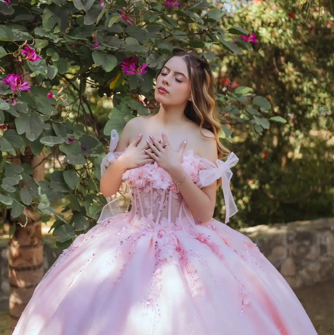 Princess Pink Bloom Puffy Gowns 3D Flower Beaded A-line Long Tulle Eveing Dresses With Train Garden Bridal Gowns