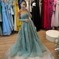 Beautiful Shiny Beaded Lace Long Prom Dresses With Detachable Sleeves Elegant Green A-line Formal Party Dress Bridal Gowns