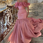 Beautiful Rose Pink Bloom Mermaid Long Maxi Gowns To Event Party Lace Up Black 3D Flower Strapless Formal Party Dresses