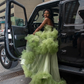 Green Ruffles Trimmed Long Evening Dresses Crystal A-line African Holiday Party Dresses