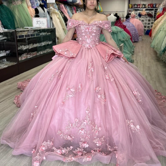 Pink Sparkly Princess Quinceanera Dresses Floral Applique Lace Beads Corset vestidos de 15 quinceañera 2024 Prom Lace Up