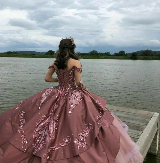 Luxury Pink Vestidos De 15 Quinceañera Dress 2024 Princess Sequin Ball Gown Sweet 15 Birthday Dress Glitter Xv Charro Prom Gowns