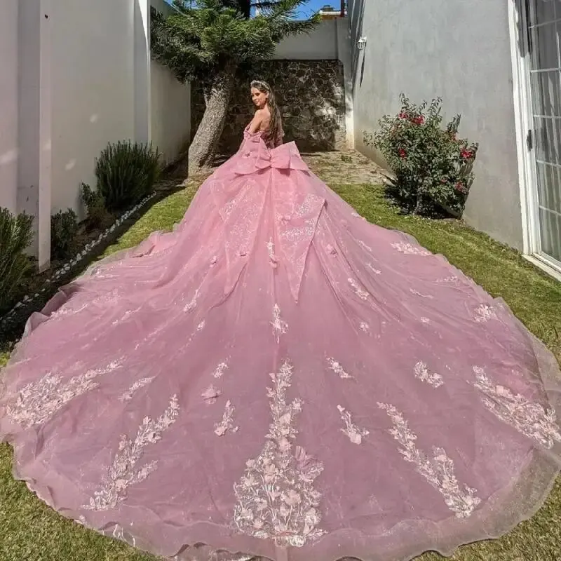 Pink Long Train Quinceanera Dress 2024 Off Shoulder Birthday Party Ball Gown Sweet 15 16 Vestidos De 15 Años Quinceañeras Miss