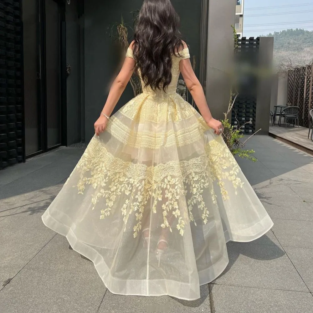 Lace Applique Floor-Length Slim A-LINE High-end Custom Gown Sunflower Exquisite V-Neck Off the Shoulder Tulle Evening Dres