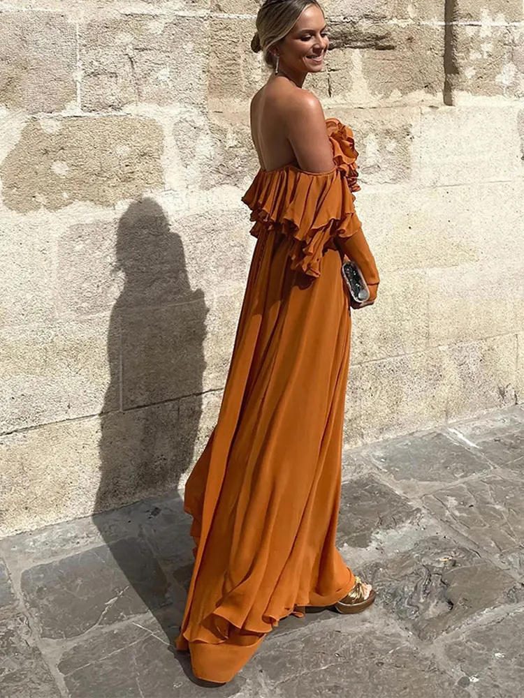 Summer Elegant Solid Ruffles Maxi Dress For Women Fashion Off Shoulder High Waist Robe 2024 Chic Female Evening Party Vestidos