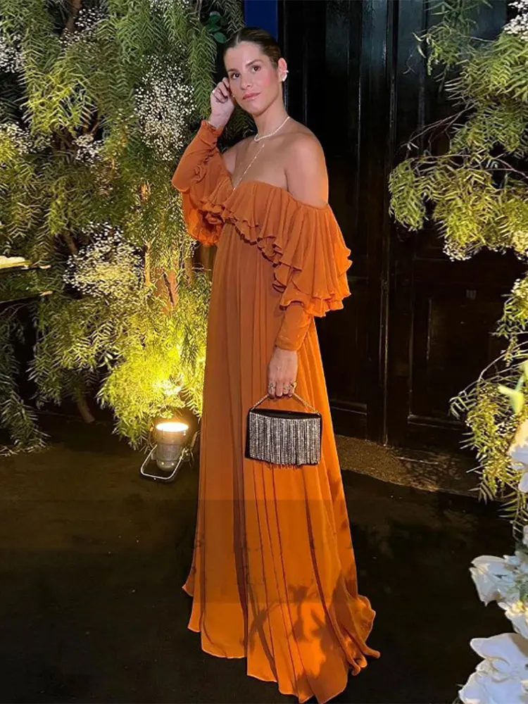 Summer Elegant Solid Ruffles Maxi Dress For Women Fashion Off Shoulder High Waist Robe 2024 Chic Female Evening Party Vestidos