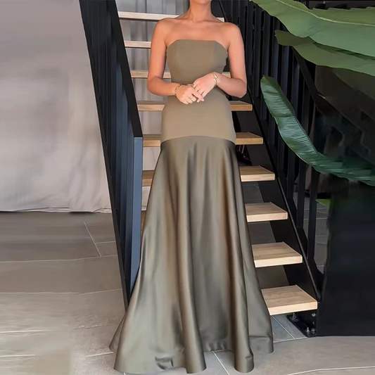 Women Sexy Off Shoulder Bustier Bodycon Dress Summer Casual Sleeveelss Solid Long Dress Elegant Patchwork Waist Party Dress
