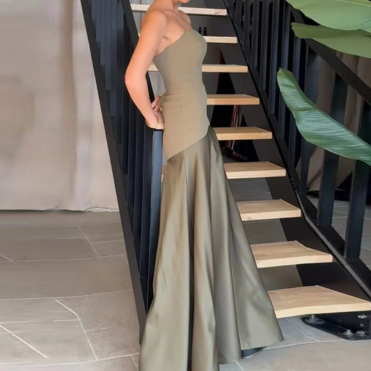 Women Sexy Off Shoulder Bustier Bodycon Dress Summer Casual Sleeveelss Solid Long Dress Elegant Patchwork Waist Party Dress