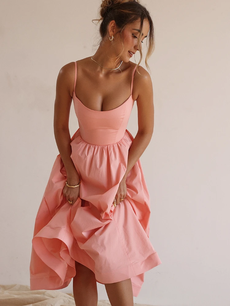 Women Elegant Long Party Dresses Pink Spaghetti Strap A Line Dress Casual Holiday Vacation Ladies Birthday Dress