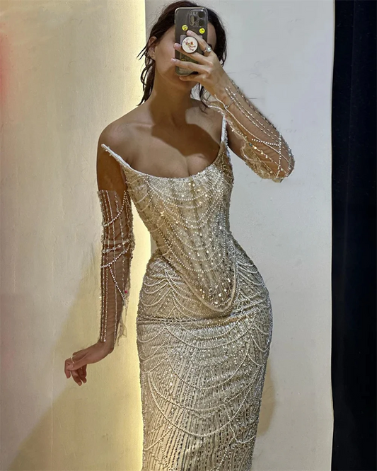 3 Pieces Suit Sequined Pearls Evening Dresses Luxury Mermaid Champagne Beaded Spaghetti Straps Formal Prom Party Gowns Vestidos