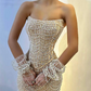 Luxury Arabic Champagne Sequined Pearls Evening Dresses Mermaid Strapless Beaded With Sleeves Formal Prom Party Gowns Vestidos