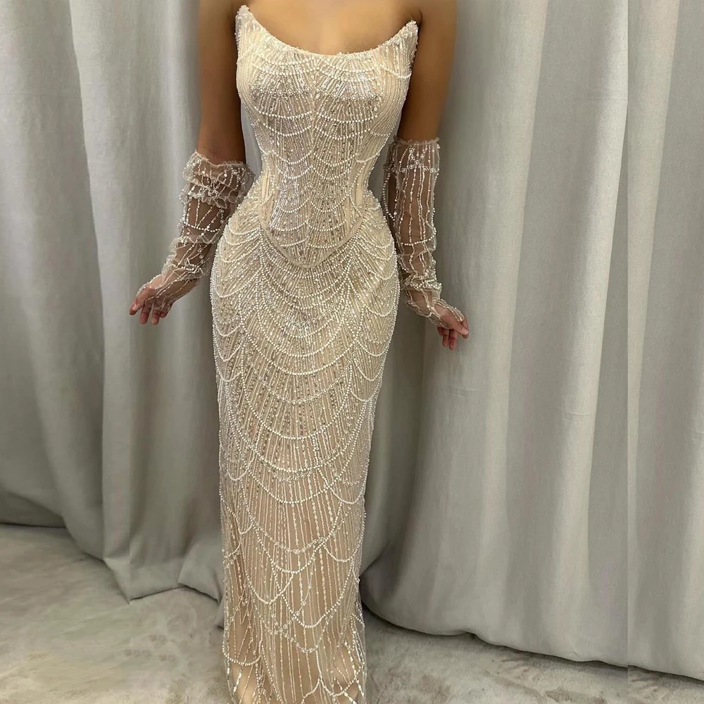 Luxury Arabic Champagne Sequined Pearls Evening Dresses Mermaid Strapless Beaded With Sleeves Formal Prom Party Gowns Vestidos