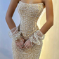 Luxury Arabic Champagne Sequined Pearls Evening Dresses Mermaid Strapless Beaded With Sleeves Formal Prom Party Gowns Vestidos