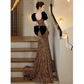 Champagne Mermaid Celebrity Dresses Puff Sleeves Luxury Vintage Floor Length Shiny Beading Velvet Cocktail Evening Gowns