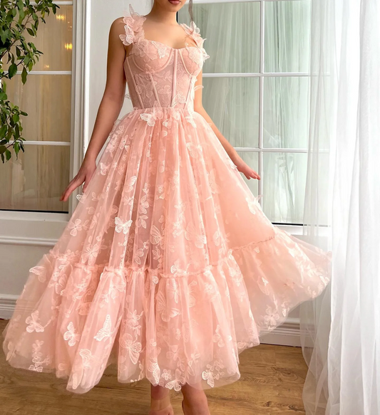 Tulle Spaghetti Straps Evening Dresses 3D Butterfly A-Line Ankle-Length Prom Gowns Elegant Lace Up Teen's Homecoming Dress 2024