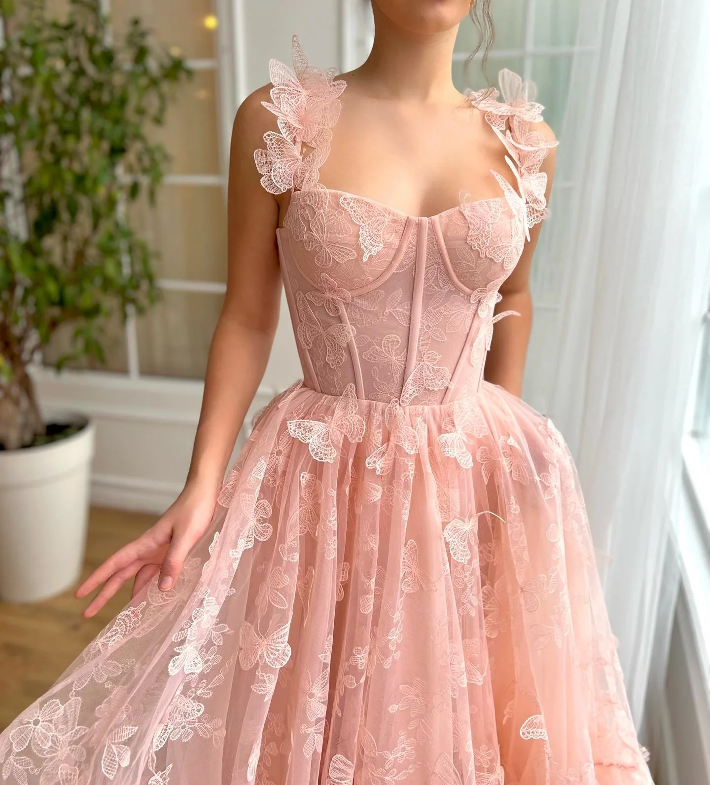 Tulle Spaghetti Straps Evening Dresses 3D Butterfly A-Line Ankle-Length Prom Gowns Elegant Lace Up Teen's Homecoming Dress 2024