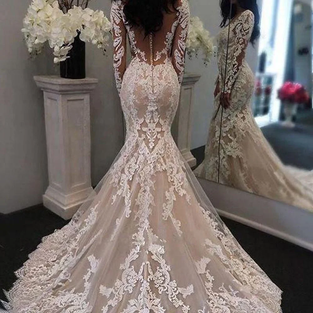 Backless Exquisite Lace Wedding Dresses For Women Mermaid Full Sleeve Embroidery Appliques Illusion Bridal Gown Vestido De Novia