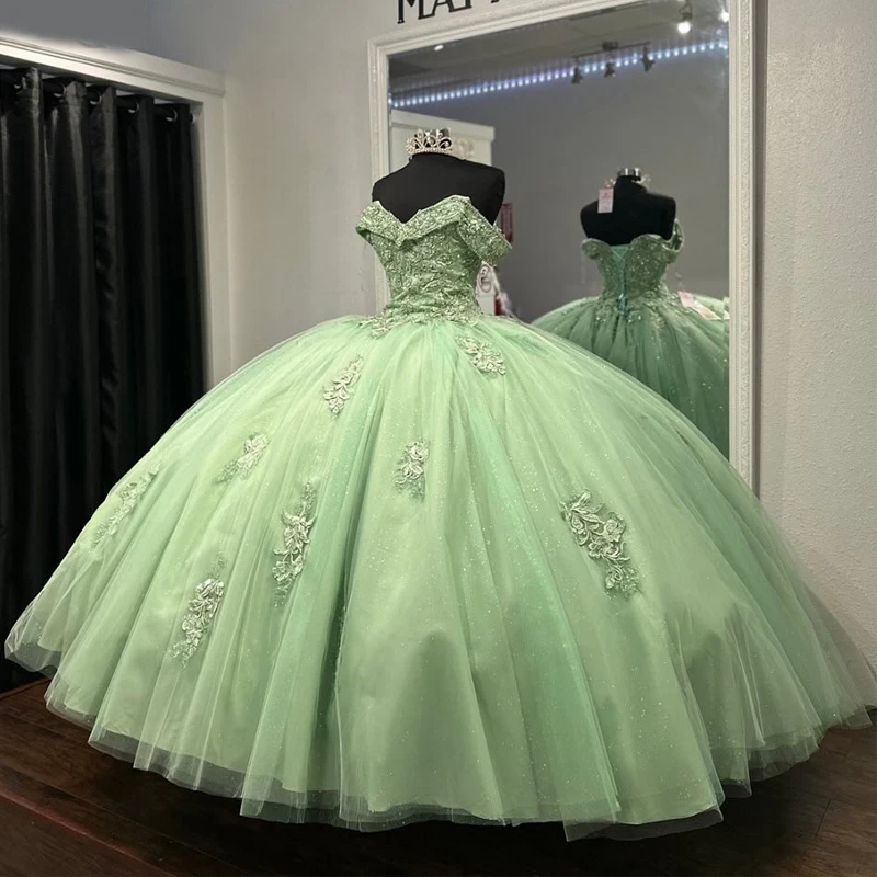 Luxury Sage Green Off The Shoulder Mexican Quinceanera Dressess Applique Lace Beads Tull Prom Lace Up vestido 15 quinceañeras