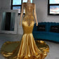 Gold Sheer O Neck Long Prom Dress For Black Girls Beaded Crystal Rhinestone Birthday Party Gowns Mermaid Evening Dresses