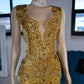 Gold Sheer O Neck Long Prom Dress For Black Girls Beaded Crystal Rhinestone Birthday Party Gowns Mermaid Evening Dresses