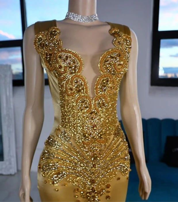 Gold Sheer O Neck Long Prom Dress For Black Girls Beaded Crystal Rhinestone Birthday Party Gowns Mermaid Evening Dresses