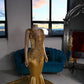 Gold Sheer O Neck Long Prom Dress For Black Girls Beaded Crystal Rhinestone Birthday Party Gowns Mermaid Evening Dresses