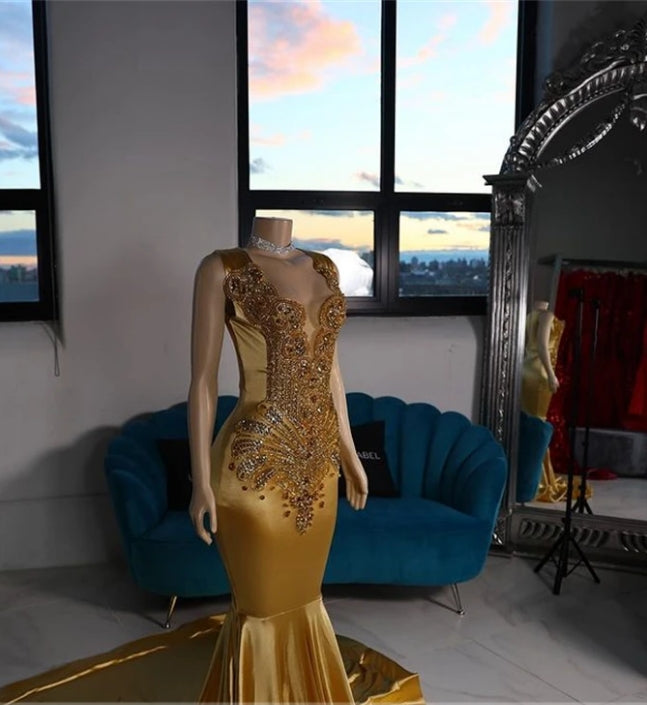 Gold Sheer O Neck Long Prom Dress For Black Girls Beaded Crystal Rhinestone Birthday Party Gowns Mermaid Evening Dresses